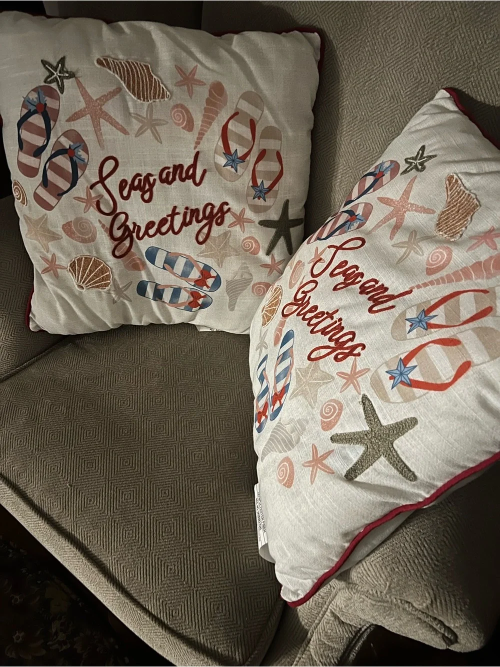 Set of two Seas and Greetings Decorative Throw Pillows - White with Red Accent